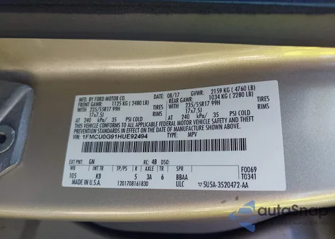 2017 Ford Escape Se z USA, uszkodzony, nr VIN 1FMCU0G91HUE92494